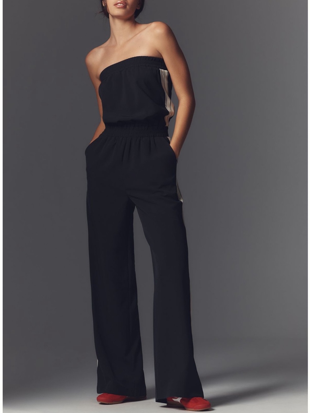 bishop + young Black Strapless Wide-Leg Jumpsuit with Cream Side Stripes